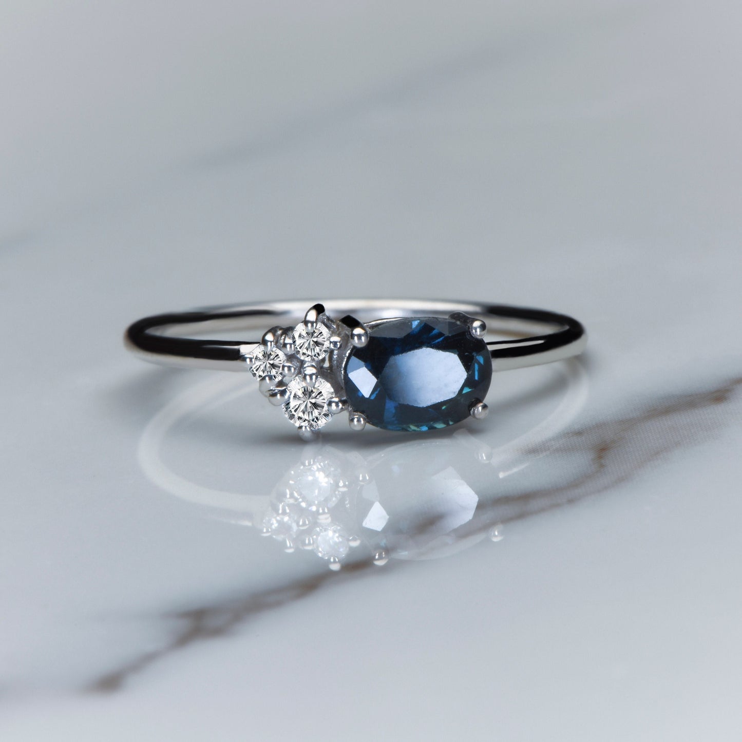 Lab Created Sapphire and Diamond Ring in 14k White Gold – Modern Minimalist Engagement or Gift Ring