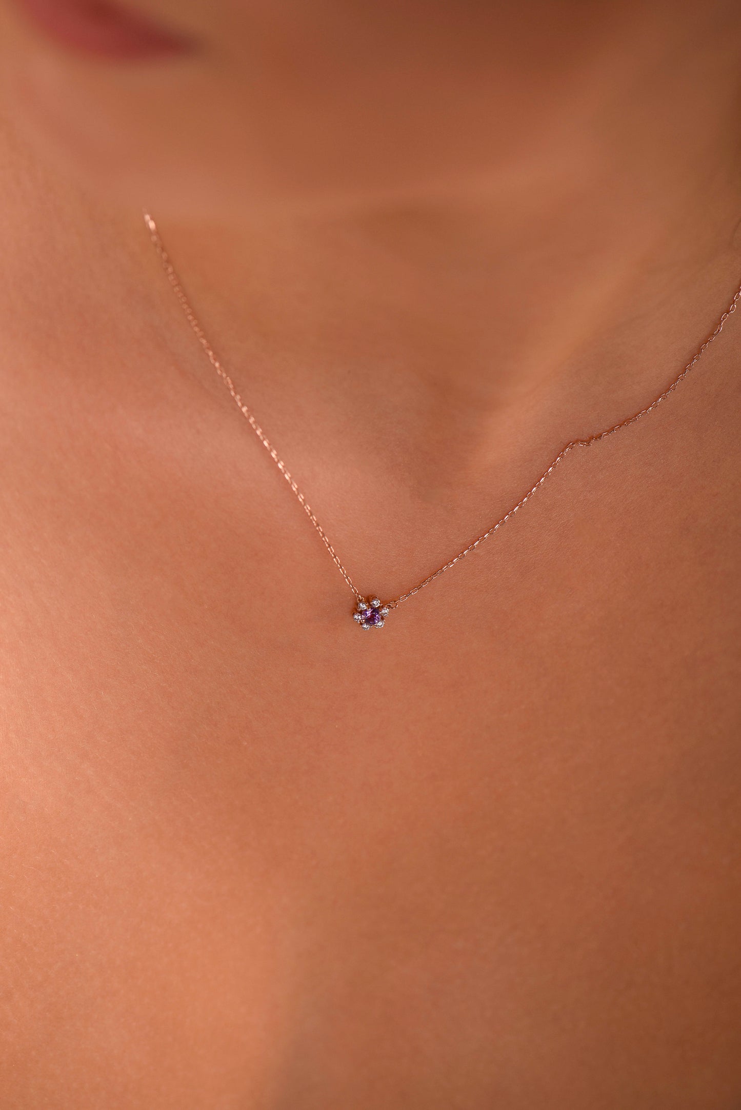 14K Yellow Gold Amethyst and Diamond Flower Necklace - Dainty Purple Gemstone Pendant for Her