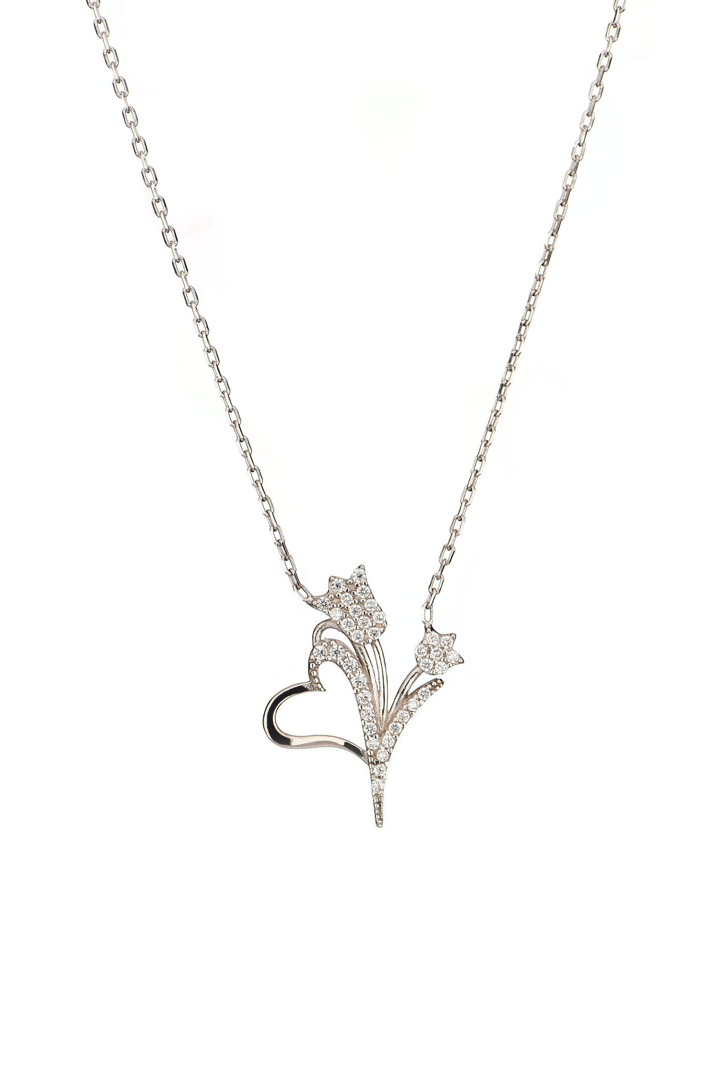 14K Solid White Gold Diamond Flower Necklace, Elegant Heart Design Flower Necklace,Birthday Gift Necklace,Christmas Gift Necklace,X-mas Gift