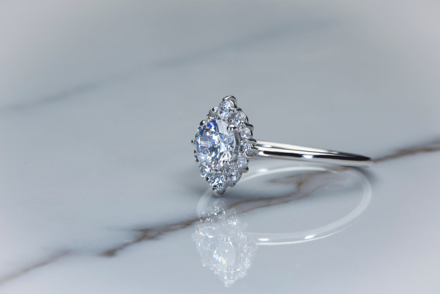Halo Diamond Engagement Ring – 14K White Gold, 1.10ct, Customizable Stone, Handmade Dainty Ring