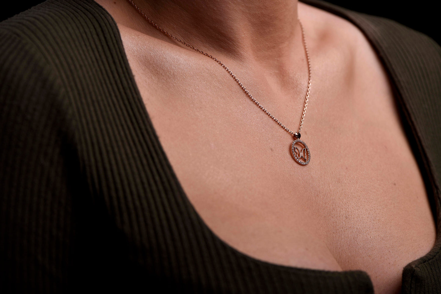 Solid Gold Butterfly Necklace -Butterfly Rose Gold Necklace with Dainty Diamonds - Handcrafted Statement Piece-Christmas Gift Necklace