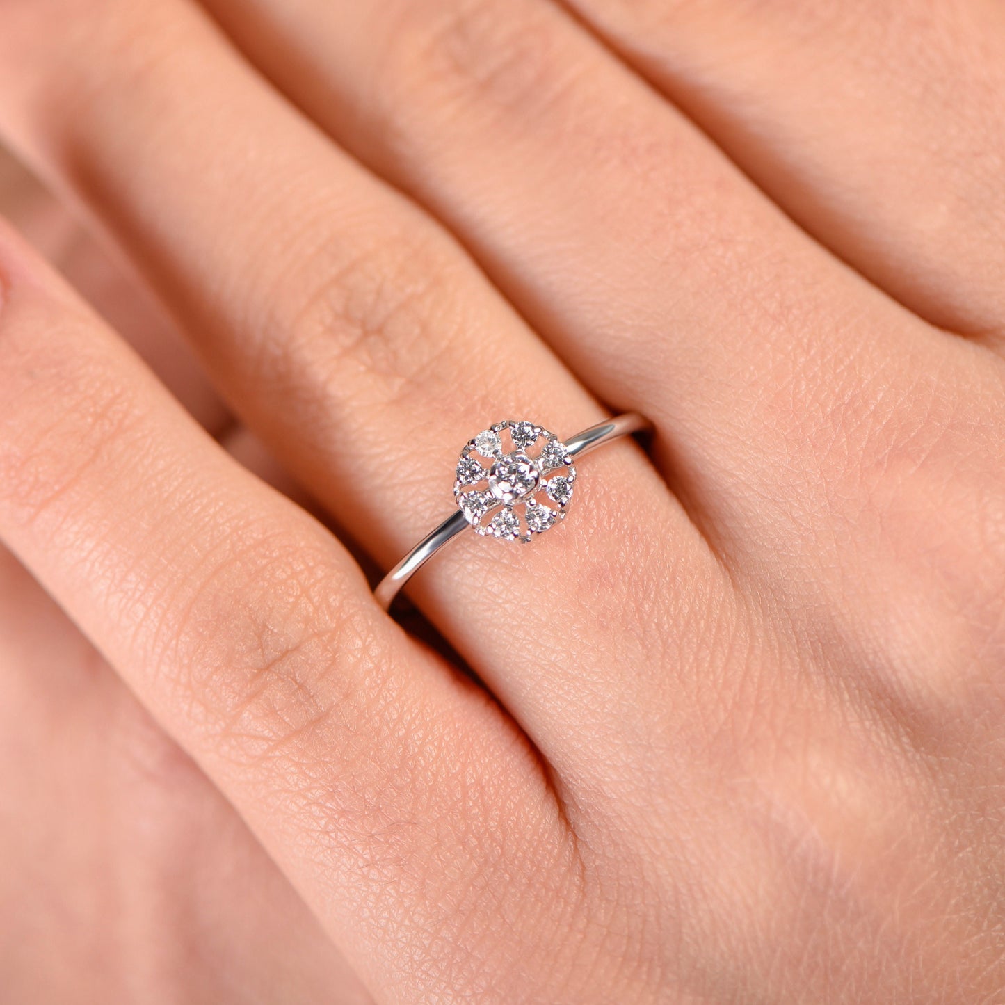 Elegant Diamond Flower Ring,Solid White Gold Cluster Ring with Stunning Diamond Accents,Minimal Diamond Ring, Gift For MOM