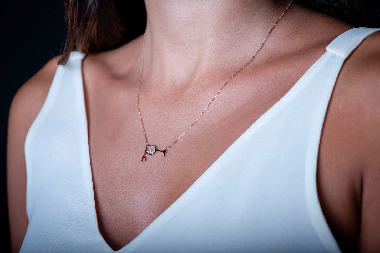 14k Gold Wine Glass Ruby Necklace /Diamond Necklace/Personalized Birthday Gift Necklace/Design Diamond Necklace/ Gift For MOM