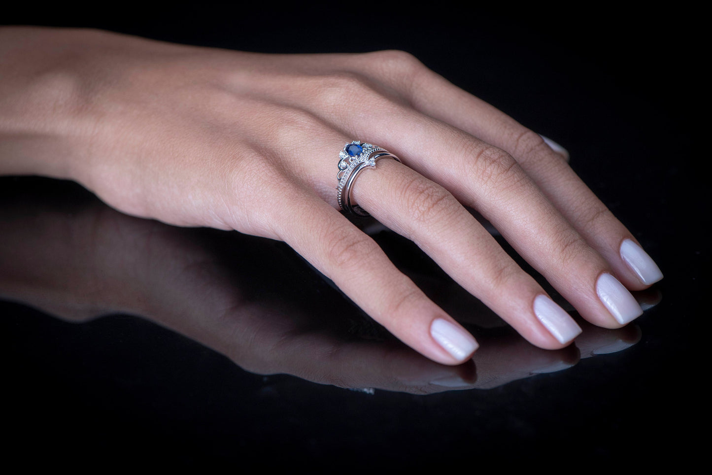 Royal Sapphire and Diamond Tiara Ring in 14k Gold – Princess Crown Engagement or Wedding Ring