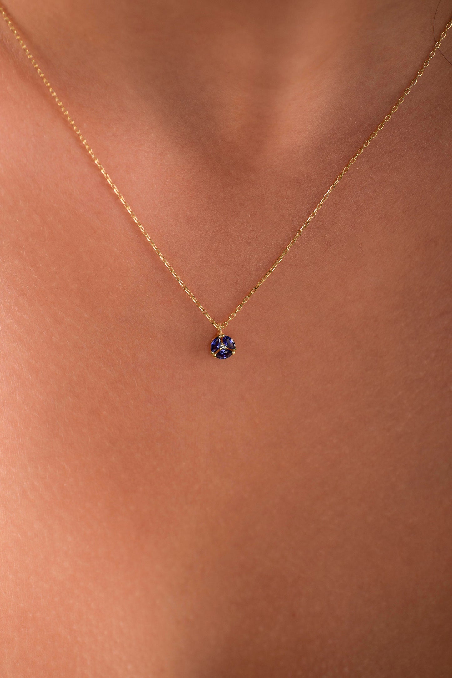 14K Yellow Gold Sapphire and Diamond Necklace - Marquise Cut Blue Gemstone Pendant for Her