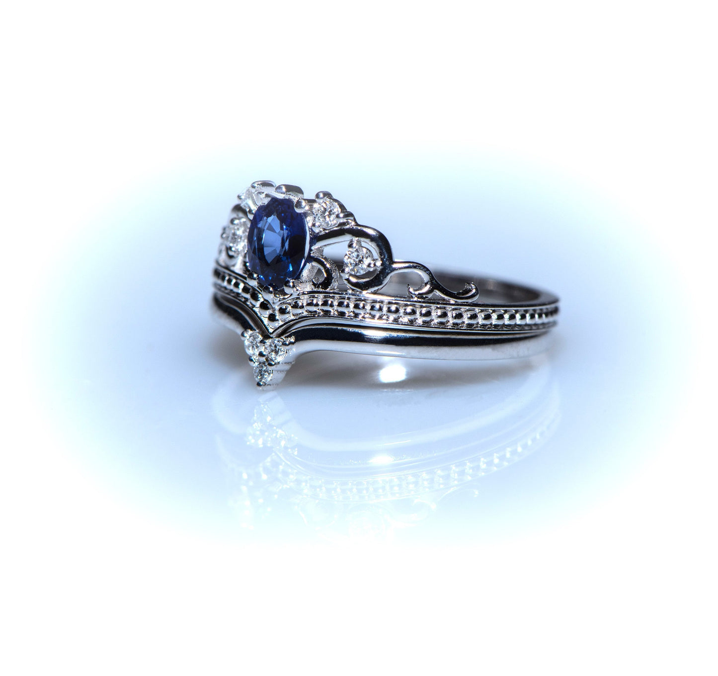 Royal Sapphire and Diamond Tiara Ring in 14k Gold – Princess Crown Engagement or Wedding Ring