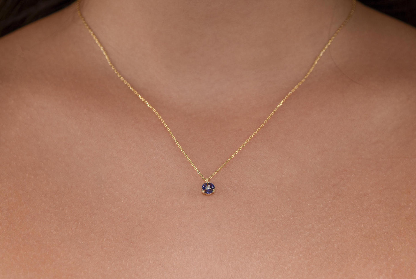 14K Yellow Gold Sapphire and Diamond Necklace - Marquise Cut Blue Gemstone Pendant for Her