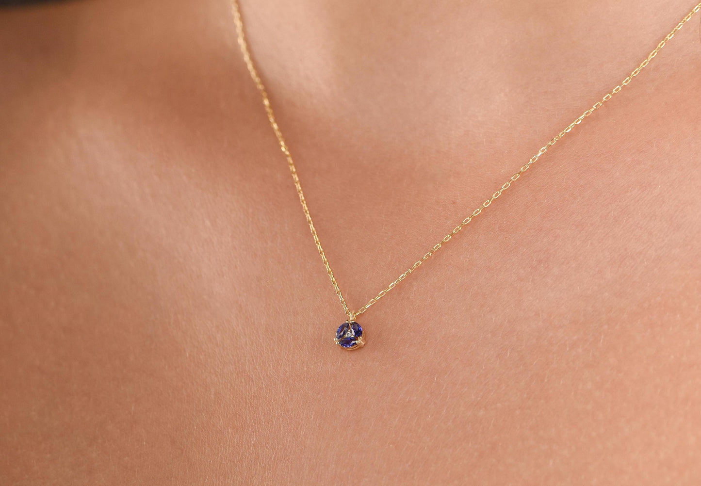 14K Yellow Gold Sapphire and Diamond Necklace - Marquise Cut Blue Gemstone Pendant for Her