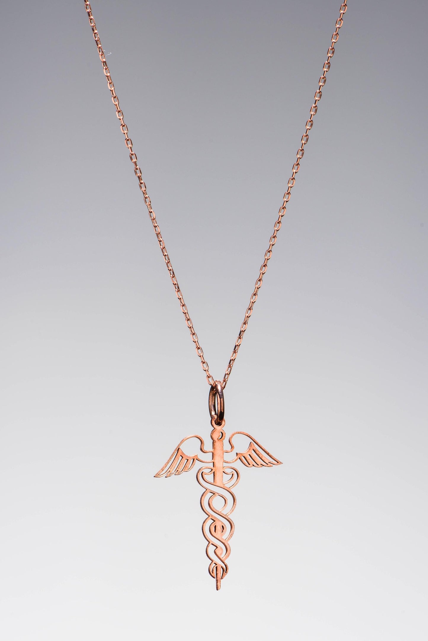 Caduceus Necklace – Solid 8K & 14K Rose, White and Yellow Gold Medical Symbol Pendant – Health and Healing Jewelry Gift