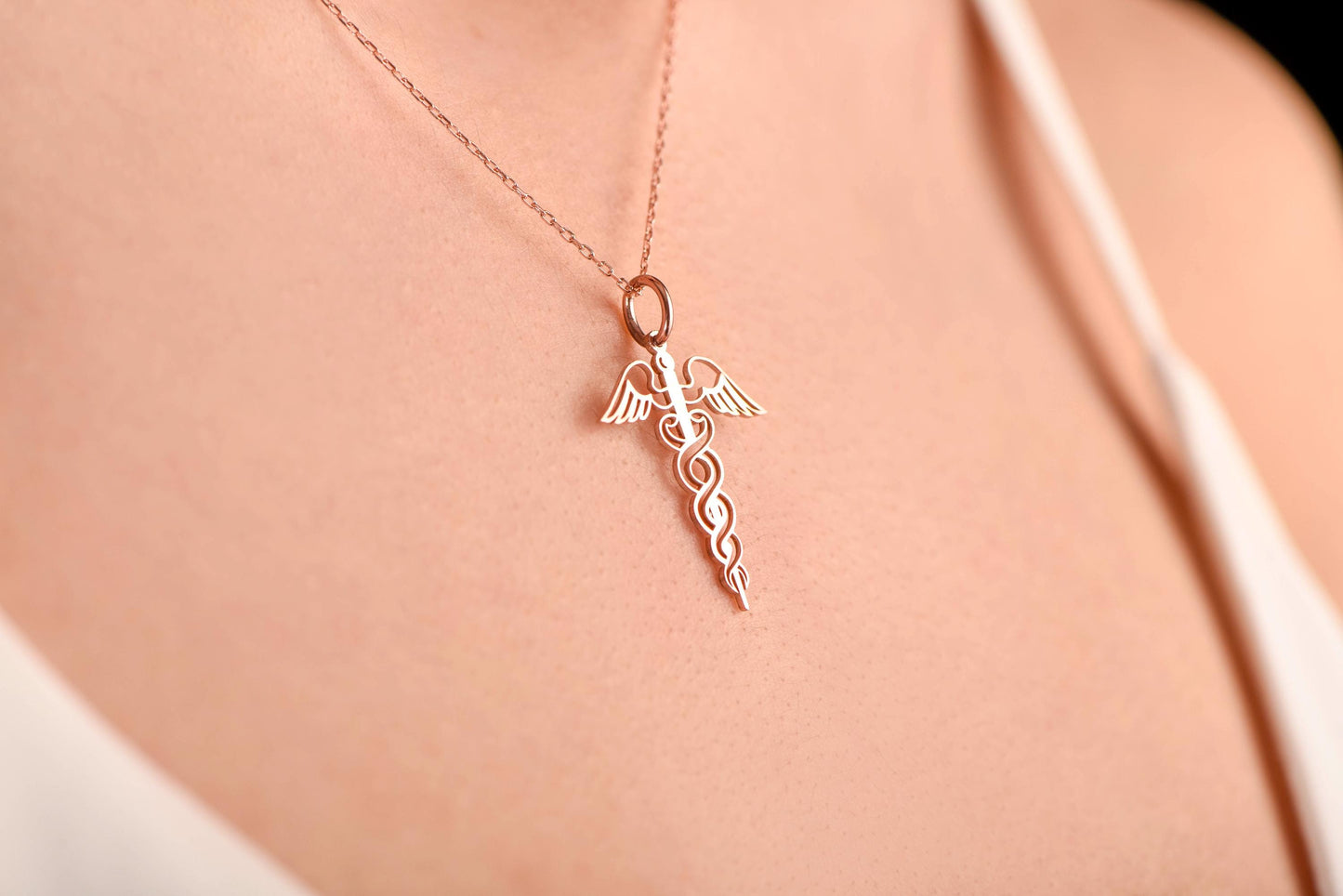 Caduceus Necklace – Solid 8K & 14K Rose, White and Yellow Gold Medical Symbol Pendant – Health and Healing Jewelry Gift