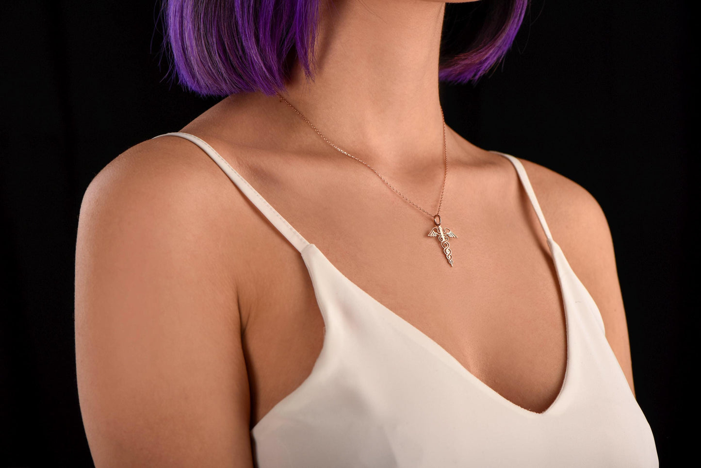 Caduceus Necklace – Solid 8K & 14K Rose, White and Yellow Gold Medical Symbol Pendant – Health and Healing Jewelry Gift