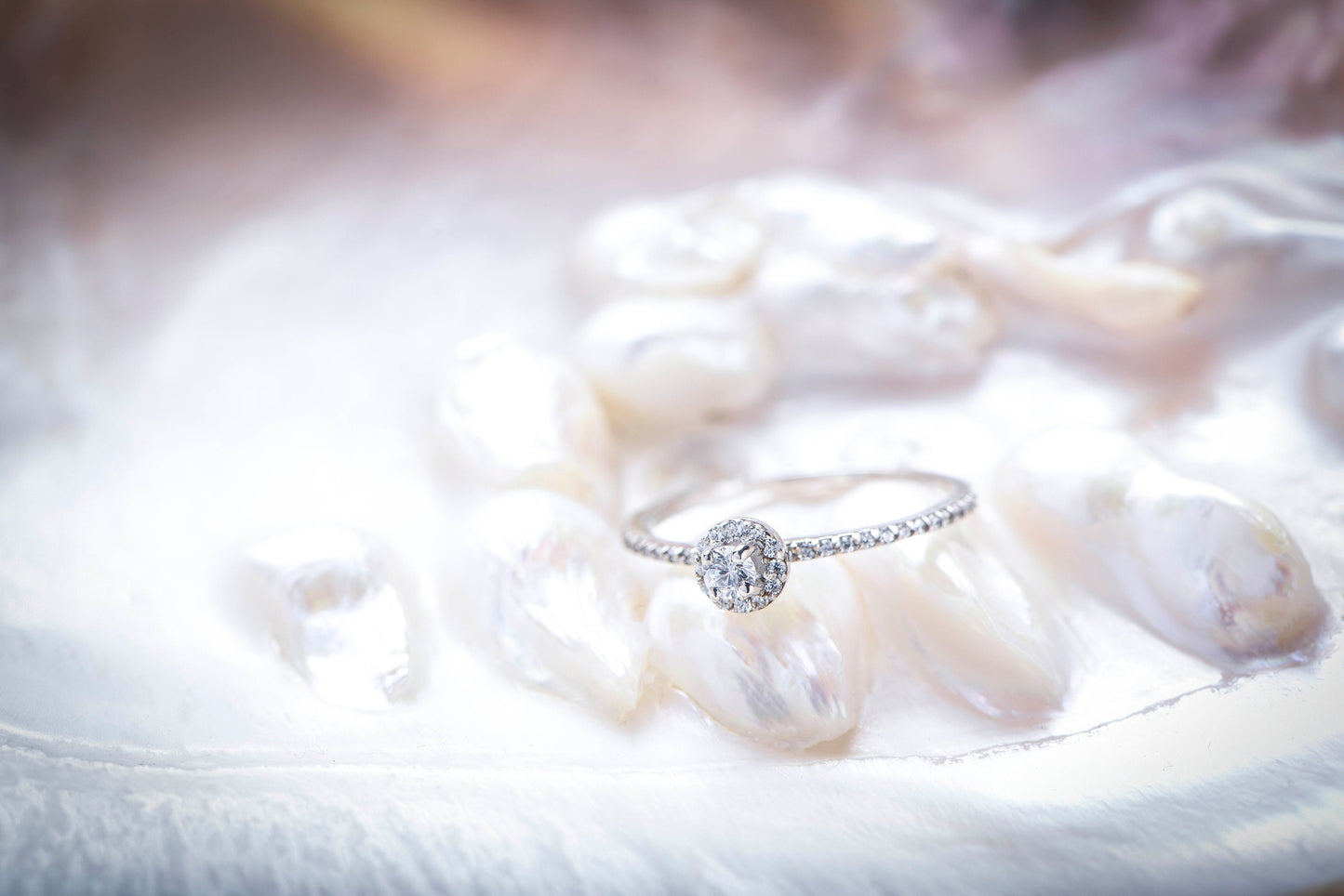 14K Gold Mini Halo Diamond Ring, Round Cut Center with Halo and Pavé Band, Elegant Engagement or Gift Ring