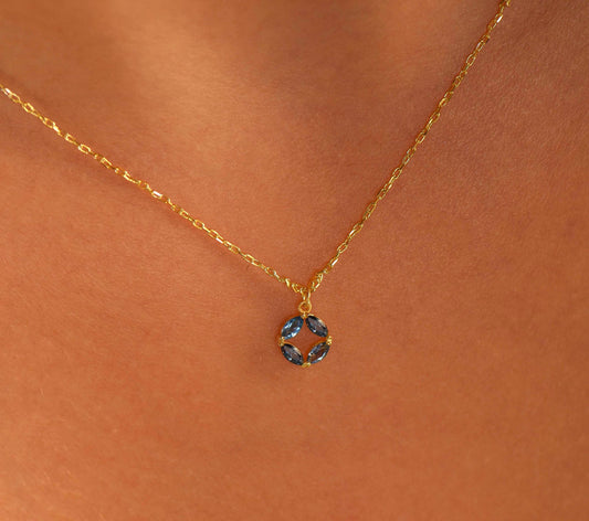 14K Yellow Gold London Blue Topaz Circle Necklace - Marquise Cut Gemstone Pendant for Her