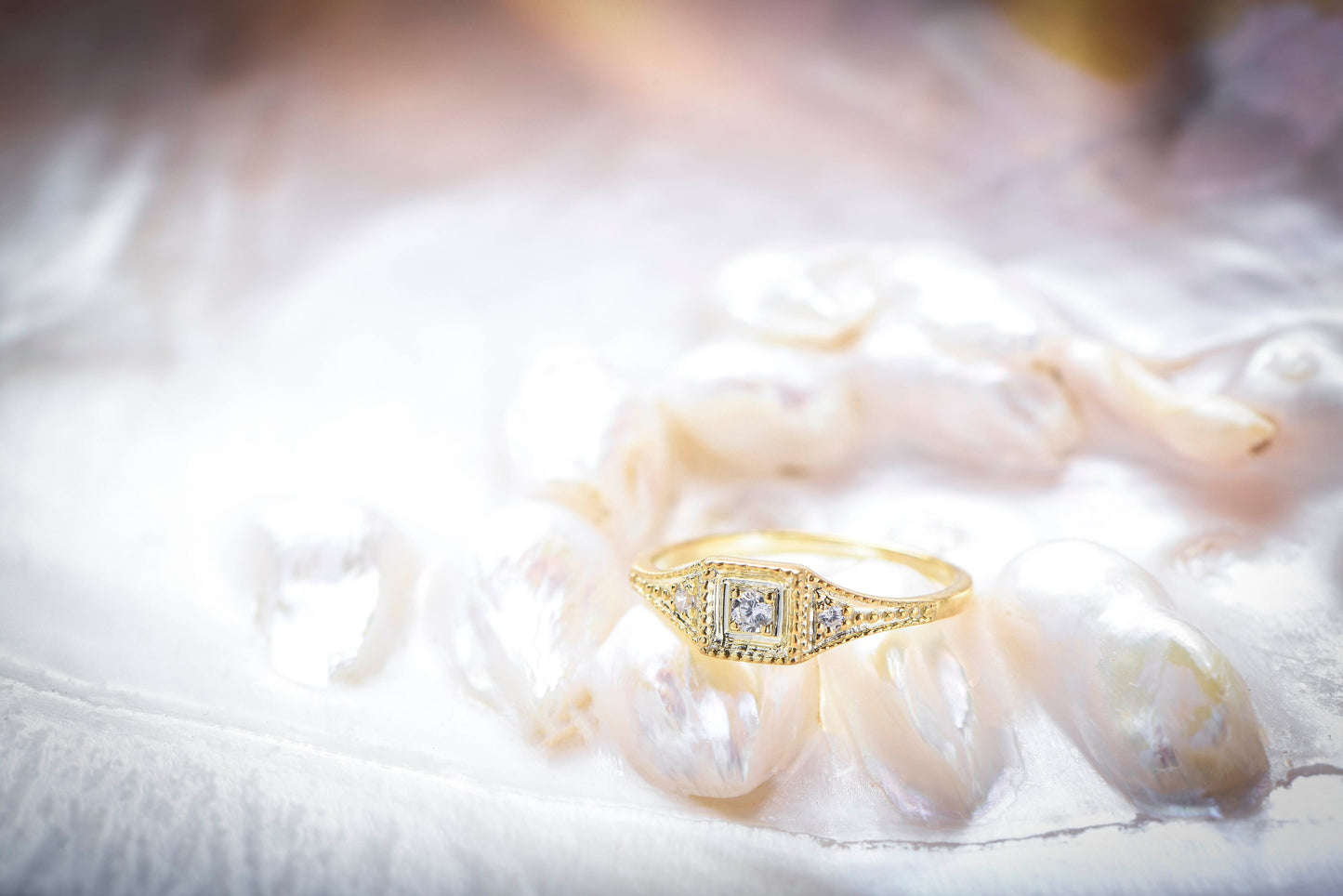 Vintage Style Diamond Engagement Ring in 14K Gold, Square Bezel Set Ring with Accent Stones, Elegant Thin Band Ring