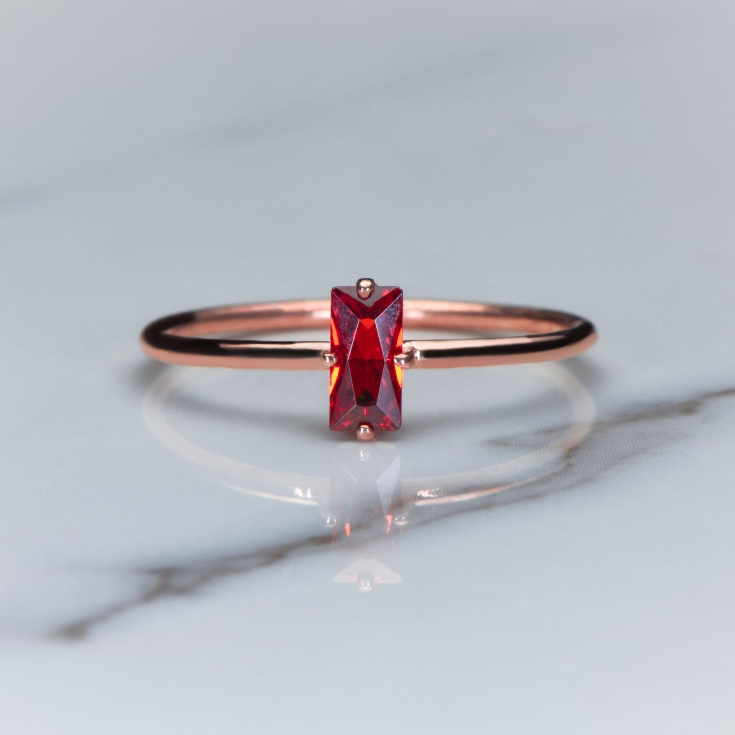 Minimalist Garnet Birthstone Ring in Rose White or Yellow Gold | Baguette Cut Garnet Ring | 8K 14K 18K Solid Gold Thin Band