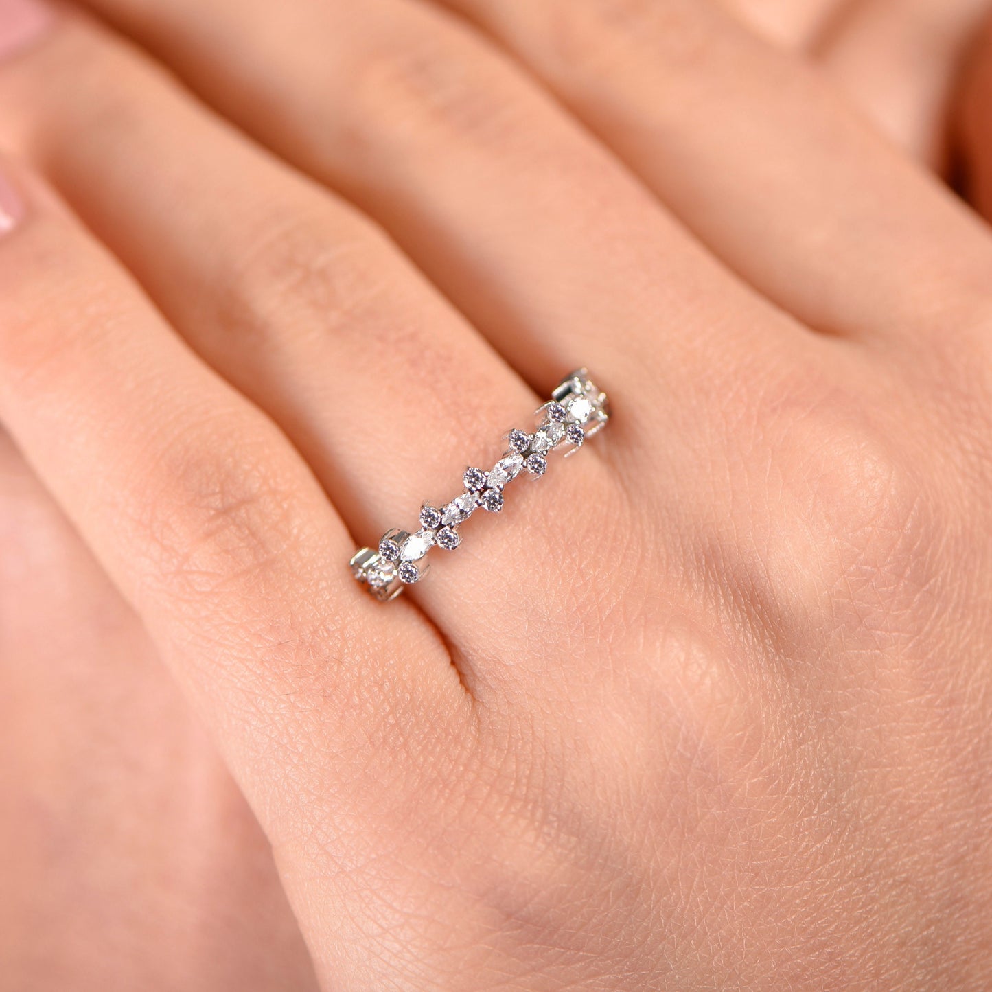 Solid Gold Marquise and Round Diamond Ring, Elegant Marquise and Round Diamond Ring with Thin Band, Gift For Mom