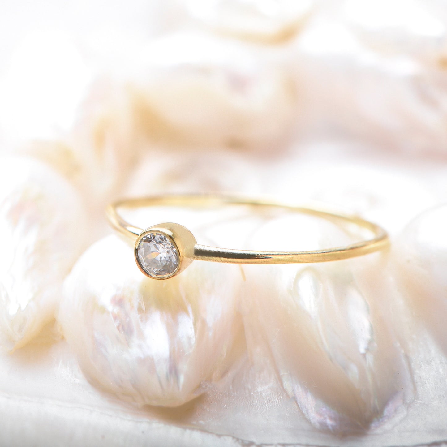 14K Gold Bezel Set Solitaire Ring – Dainty Diamond Stackable Minimalist Ring for Women