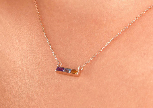 14K Yellow Gold Baguette Amethyst, Aquamarine, Citrine Necklace - Modern Triple Gemstone Bar Pendant