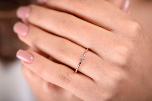 14K Rose Gold Minimalist Diamond Ring, Dainty Thin Band with Four Round Cut Diamonds, Everyday Fine Jewelry for Her