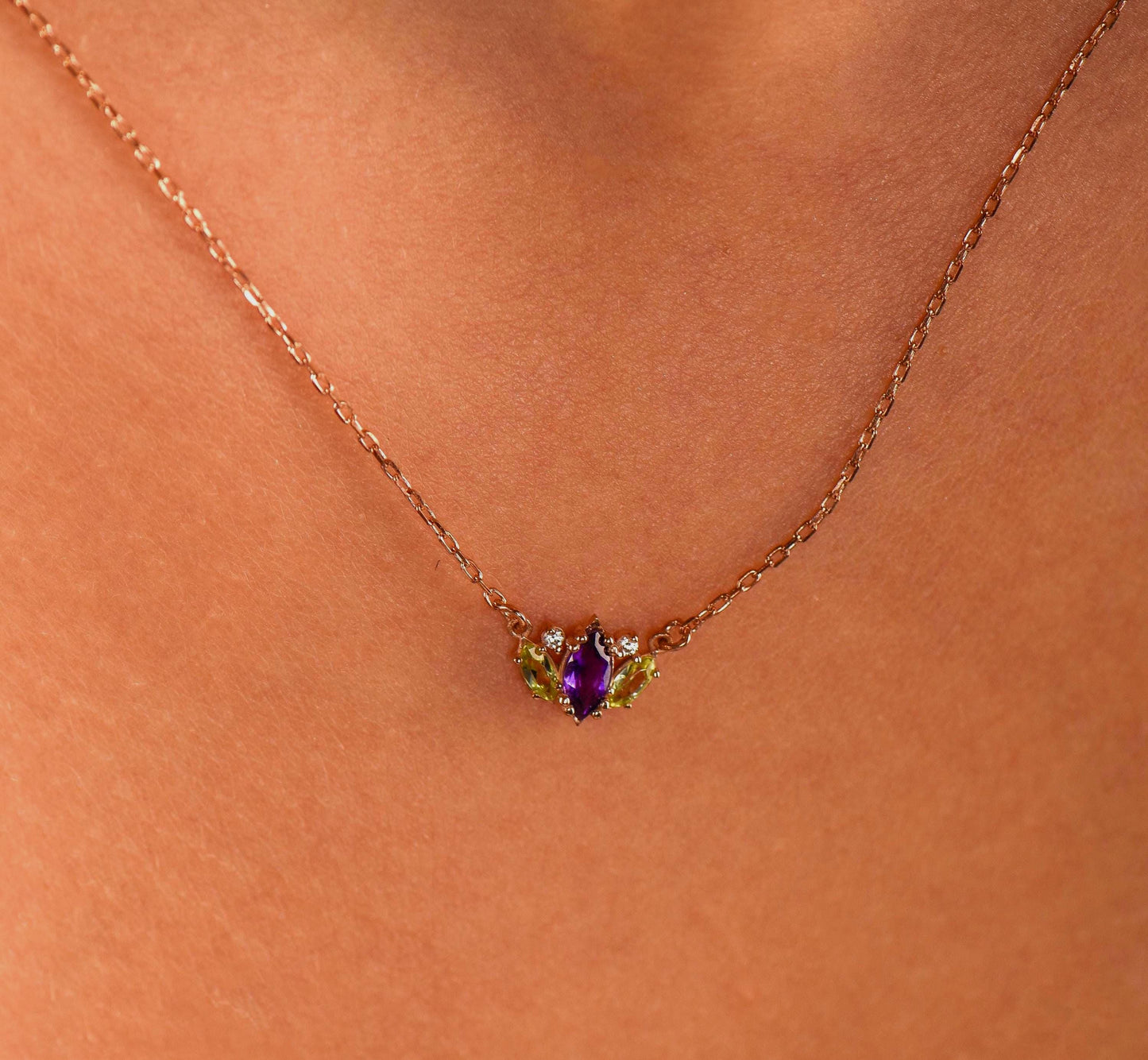 Gold Amethyst Stone Necklace, Peridot Stone Necklace, Amethyst and Peridot Stone Necklace, Marquise Cut Necklace,Christmas Gift Necklace