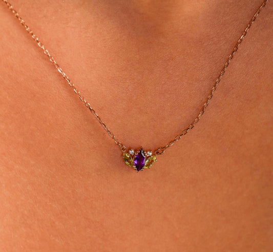 Gold Amethyst Stone Necklace, Peridot Stone Necklace, Amethyst and Peridot Stone Necklace, Marquise Cut Necklace,Christmas Gift Necklace