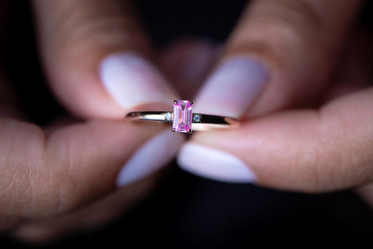14K Rose Gold Pink Tourmaline Diamond Ring, October Birthstone Minimalist Ring, Customizable Fine Jewelry