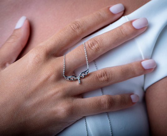 14K Solid Diamond Angel Necklace,Elegant White Solid Gold Angel Wing Necklace,Baguette Diamond Accent, Gift For Mom