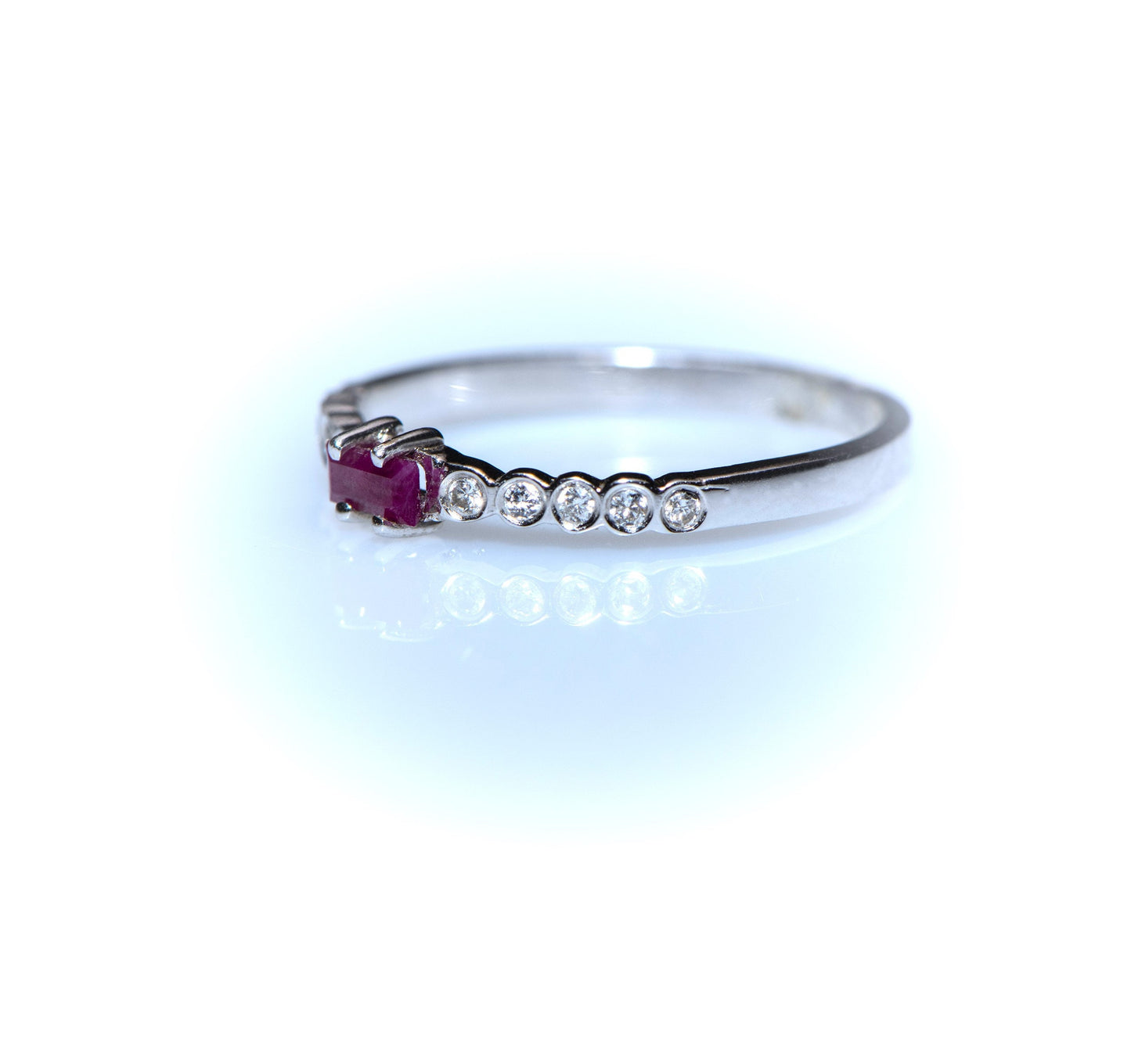 Baguette Ruby and Diamond Ring – 14K White Gold Stacking Band | Delicate Birthstone Ring | Mother’s Day Gift