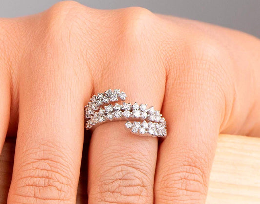 18K White Gold Natural Diamond Cluster Wrap Ring - Luxury Statement Wedding Anniversary Engagement Jewelry