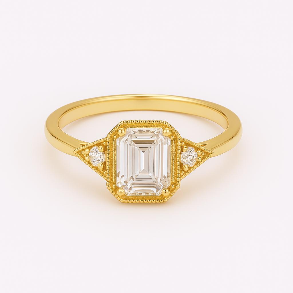 Emerald Cut Moissanite Ring – 14K Rose Gold, Vintage Style, GIA Certified, Conflict-Free Diamonds, Handmade Ring