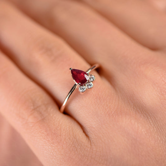 Pear Cut Ruby Ring – 14K Solid Gold | Minimal Gemstone Ring | Mother’s Day Gift | Handmade Diamond Accent Ring