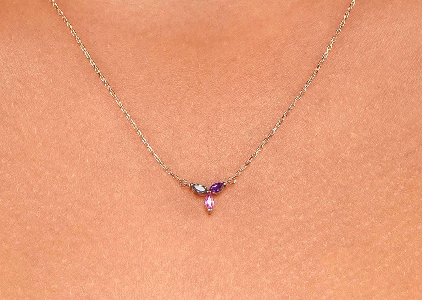 14K Gold Aquamarine, Amethyst and Pink Tourmaline Necklace - Colorful Marquise Gemstone Pendant Gift for Her
