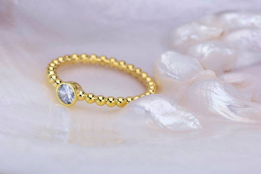 14K Gold Minimal Beaded Ring with 0.10ct Diamond – Dainty Solitaire Ball Band Ring