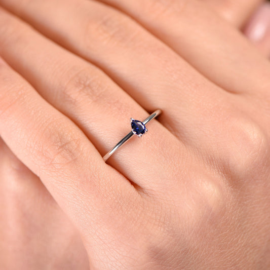 Pear Cut Sapphire Ring – 14K White Gold | Minimal Gemstone Ring | Mother’s Day Gift | Handmade Fine Jewelry