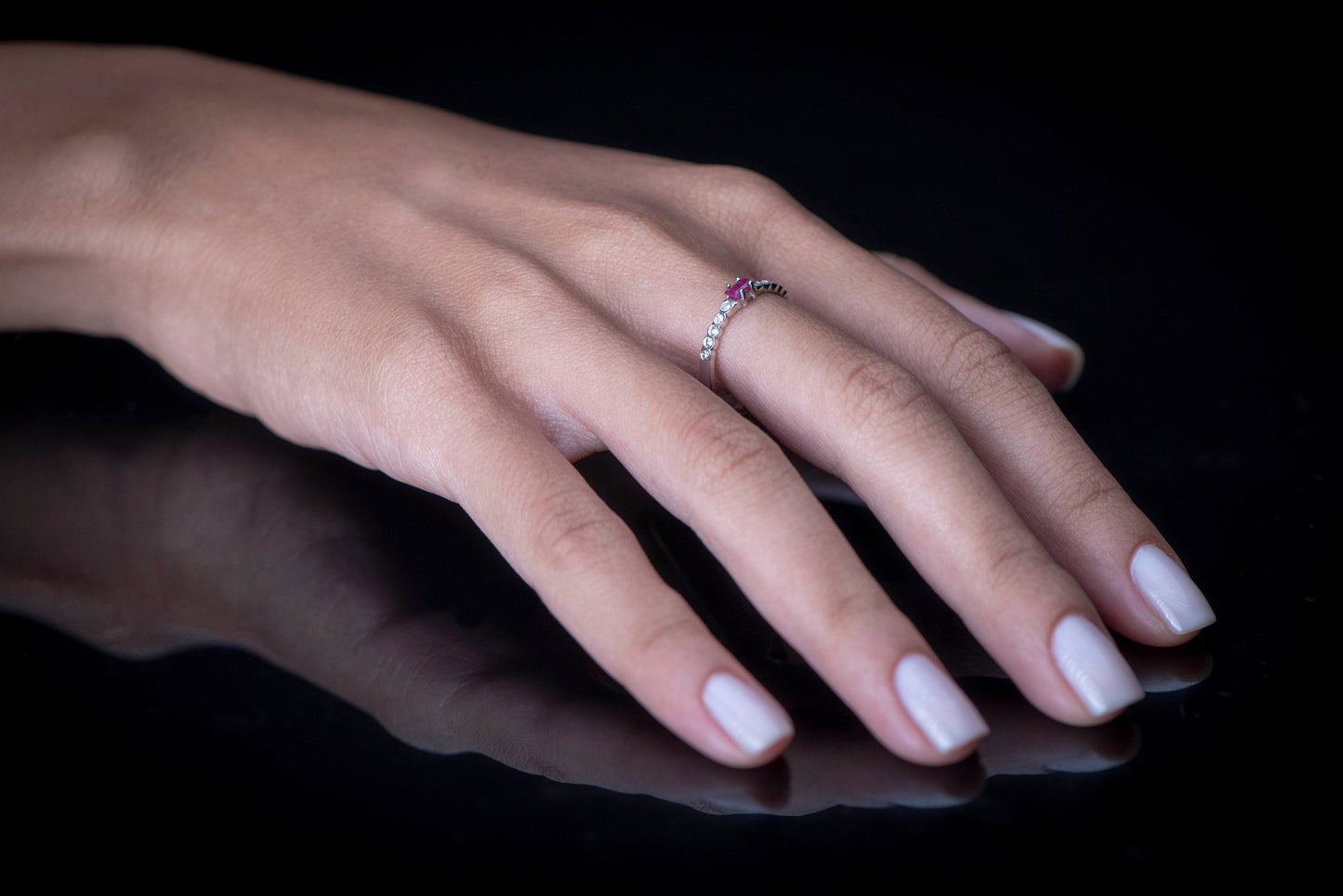 Baguette Ruby and Diamond Ring – 14K White Gold Stacking Band | Delicate Birthstone Ring | Mother’s Day Gift