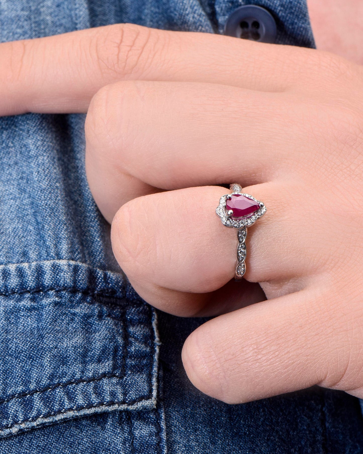 Vintage Pear Cut Ruby and Diamond Ring in 14k Gold – Unique Engagement, Bridal or Mother’s Day Gift