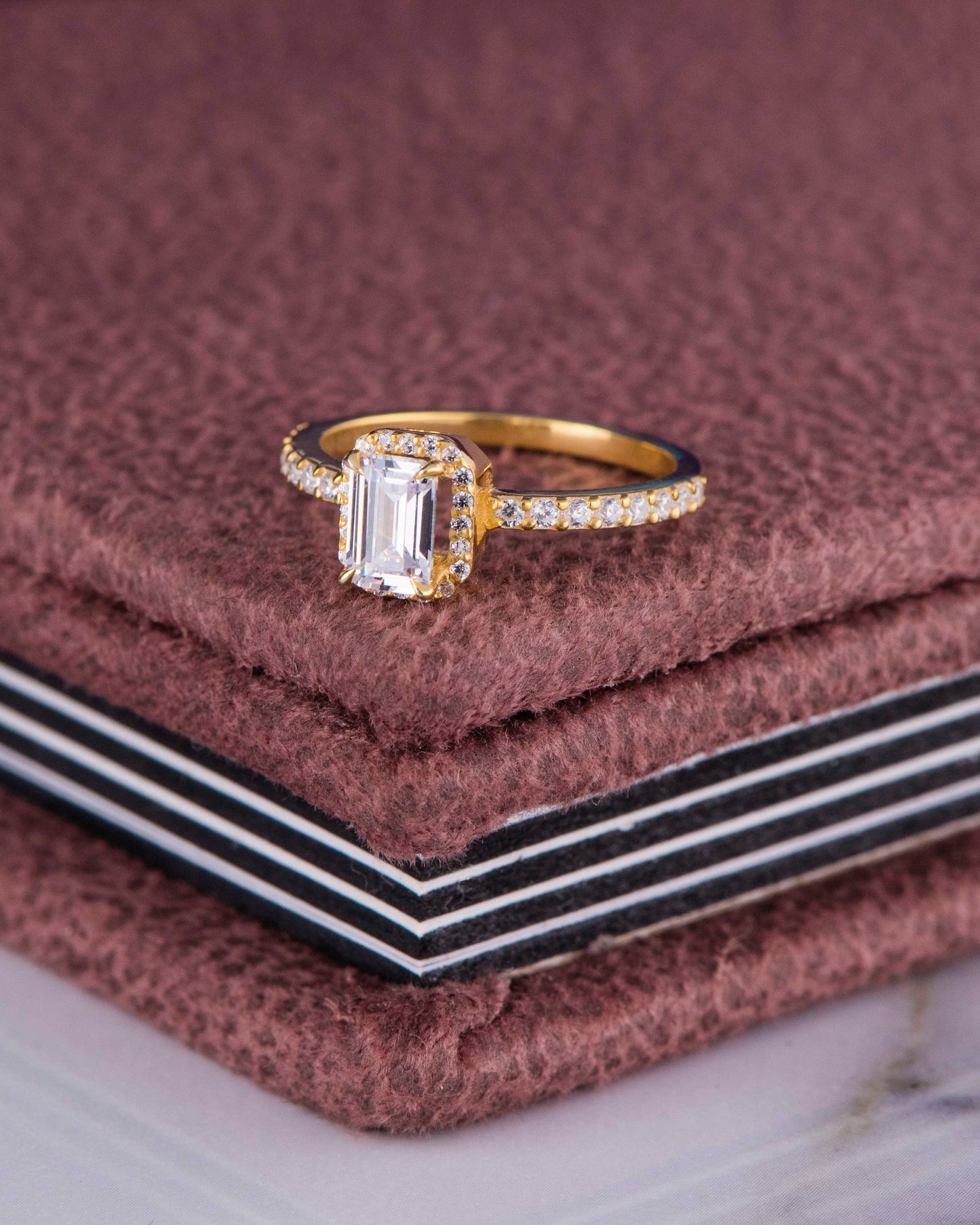 Emerald Cut Moissanite Halo Ring – 14K Yellow Gold, GIA Certified Stones, Handmade Engagement or Gift Ring