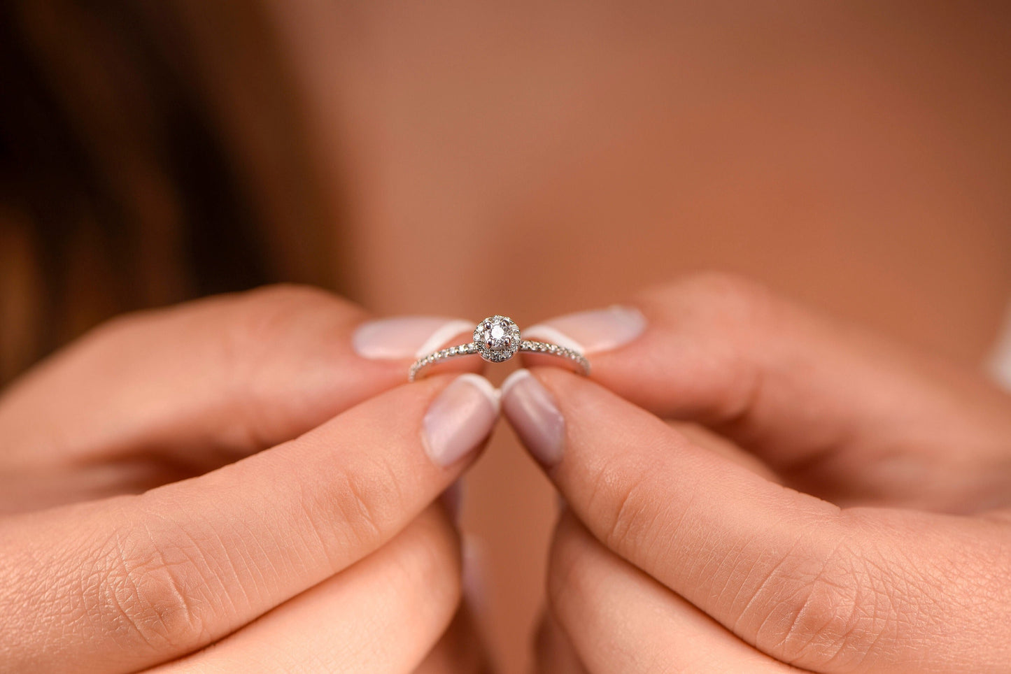 14K Gold Mini Halo Diamond Ring, Round Cut Center with Halo and Pavé Band, Elegant Engagement or Gift Ring
