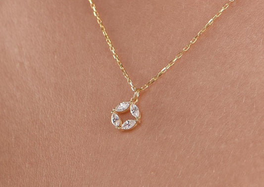 14K Yellow Gold White Sapphire Circle Necklace - Marquise Cut Gemstone Pendant for Women