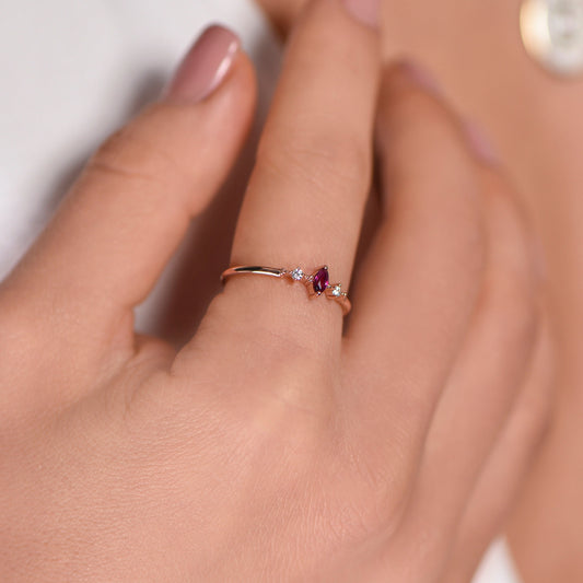 Customizable Ruby Marquise Ring – 8K 14K 18K Gold Minimal Birthstone Jewelry Gift for Her
