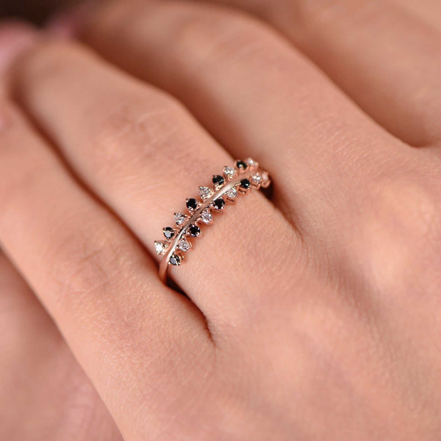 14K Solid Gold Black and White Diamond Half Eternity Ring – Dainty Stacking Ring