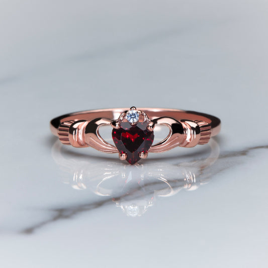 Garnet Stone Heart Ring, Design Gold and Garnet Stone Ring, 14k Rose Gold Ring with Garnet Stone,Mother's Day Gift