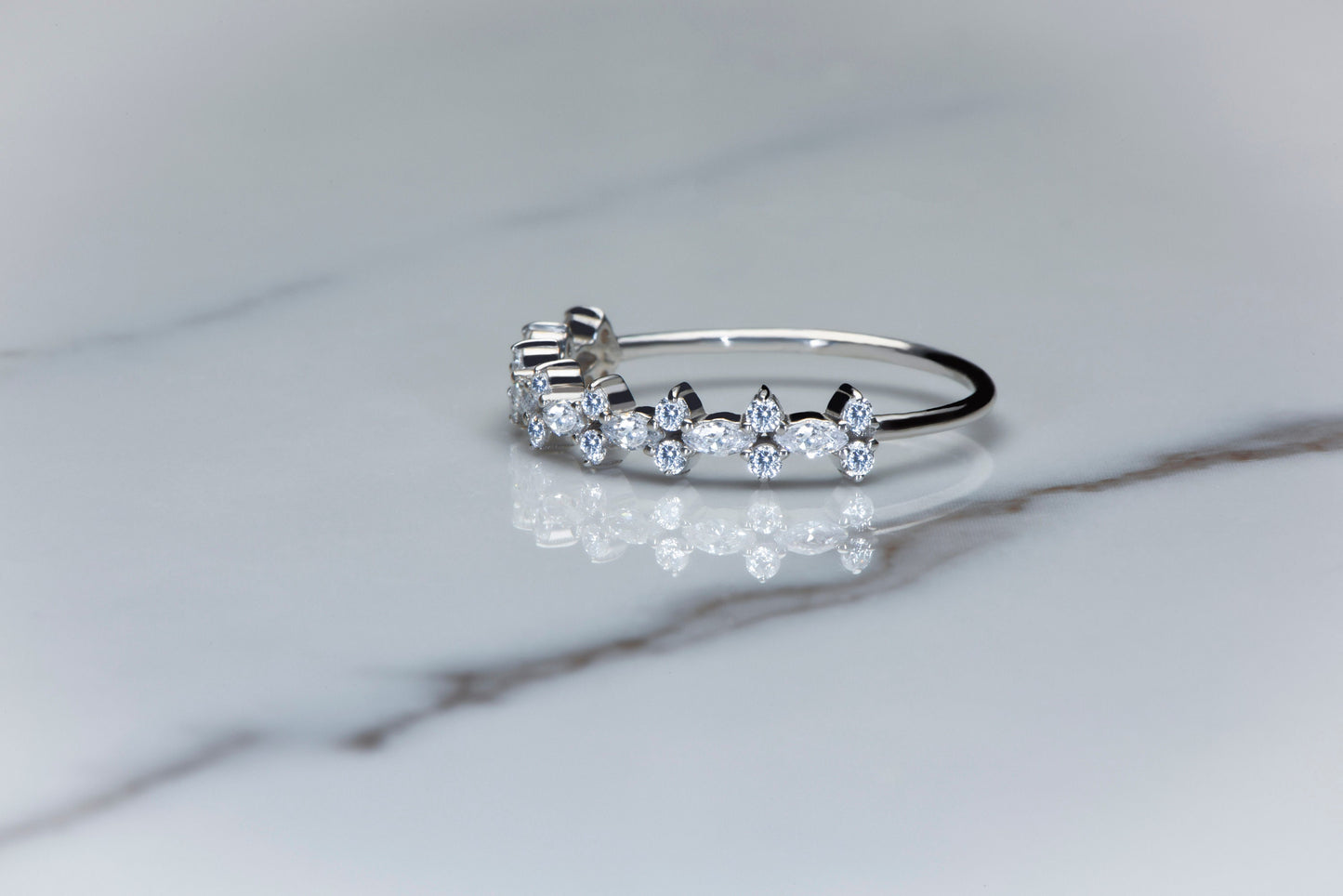 Solid Gold Marquise and Round Diamond Ring, Elegant Marquise and Round Diamond Ring with Thin Band, Gift For Mom