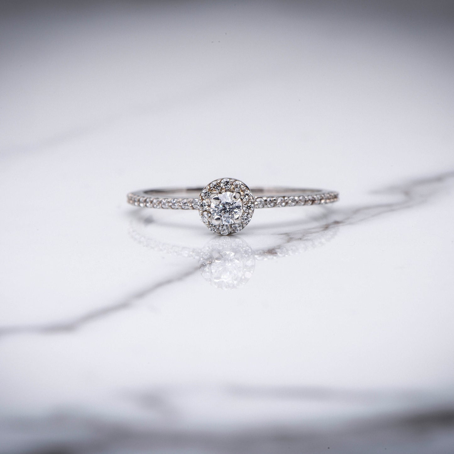 14K Gold Mini Halo Diamond Ring, Round Cut Center with Halo and Pavé Band, Elegant Engagement or Gift Ring