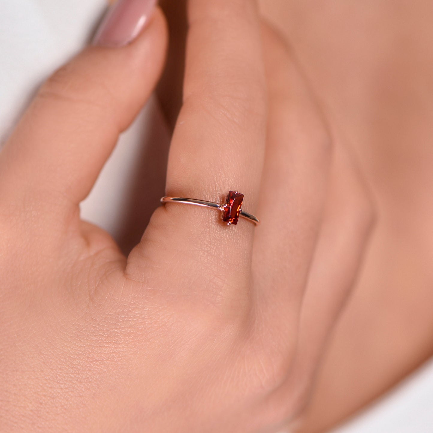 Minimalist Garnet Birthstone Ring in Rose White or Yellow Gold | Baguette Cut Garnet Ring | 8K 14K 18K Solid Gold Thin Band