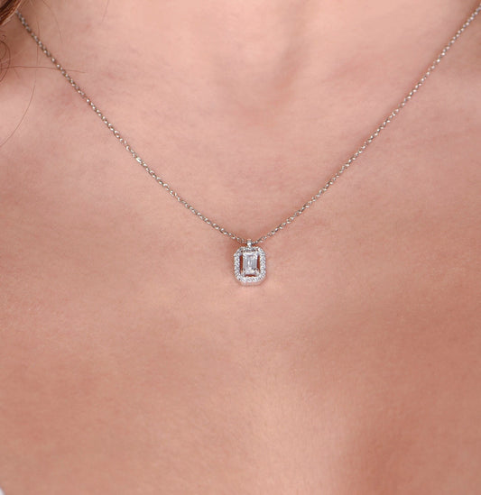 Emerald Cut Diamond Necklace, Baguette Moissanite Halo Pendant,14k Solid White Gold Necklace,Diamond Necklace,Christmas Gift Necklace