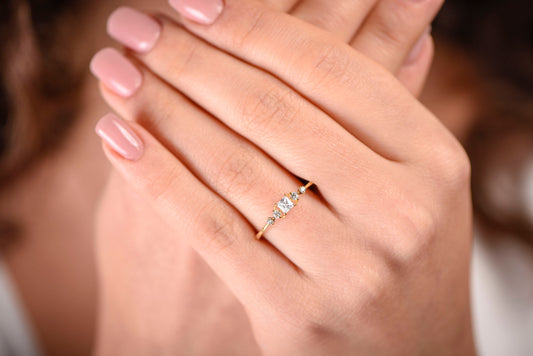 14K Gold Princess Cut Diamond Ring, Dainty Thin Band Engagement Ring with Side Round Accents, Elegant Gift for Her