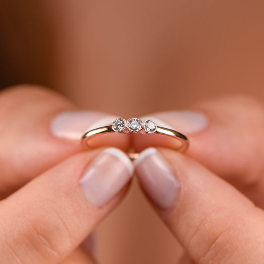 Three Stone Bezel Set Ring in 8K 14K 18K Gold | Customizable Birthstone Diamond Zircon Option | Dainty Trio Ring