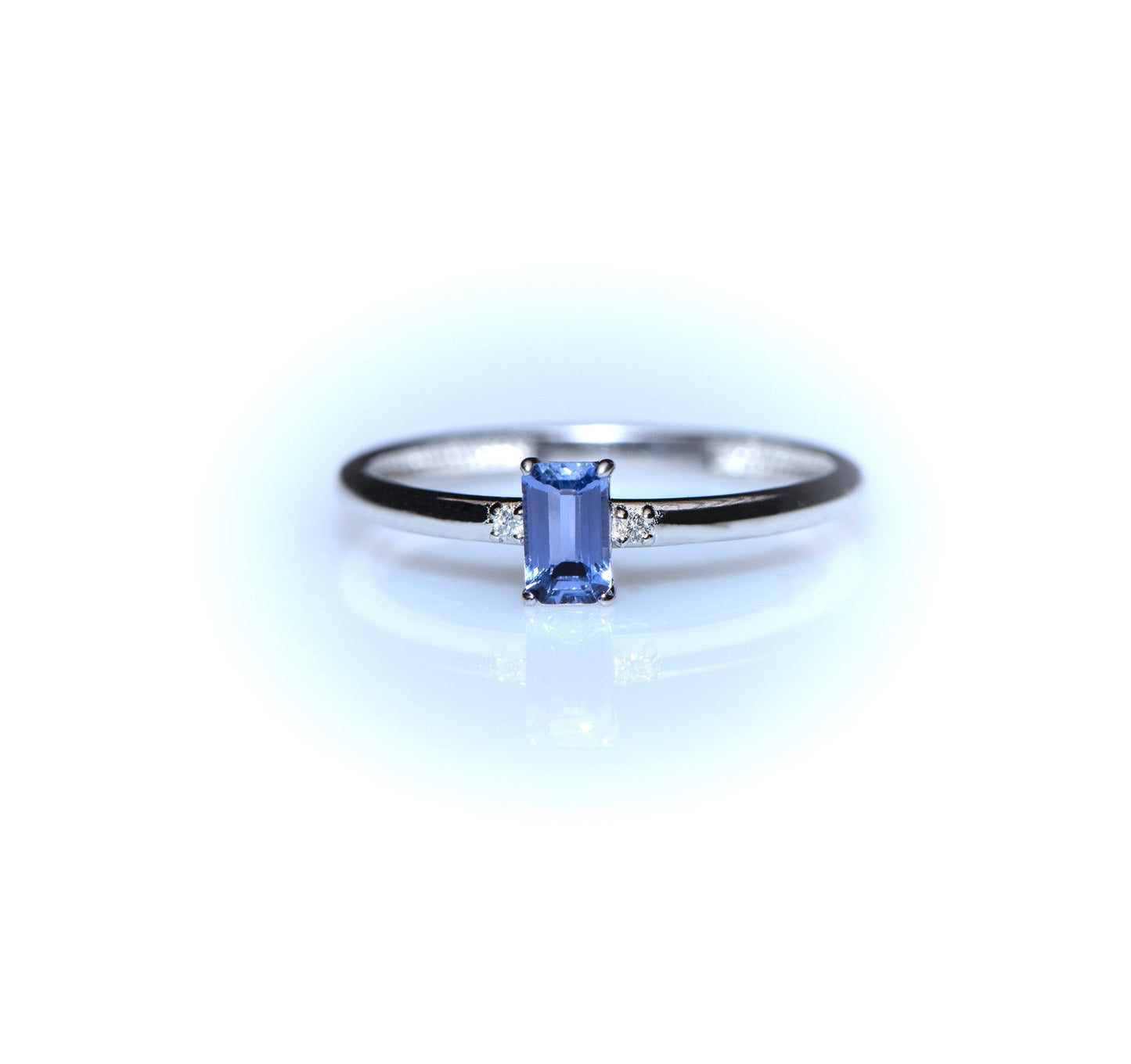Emerald Cut Blue Sapphire and Diamond Ring – 14K White Gold Dainty Band | Handmade Minimalist Gift for Mother’s Day