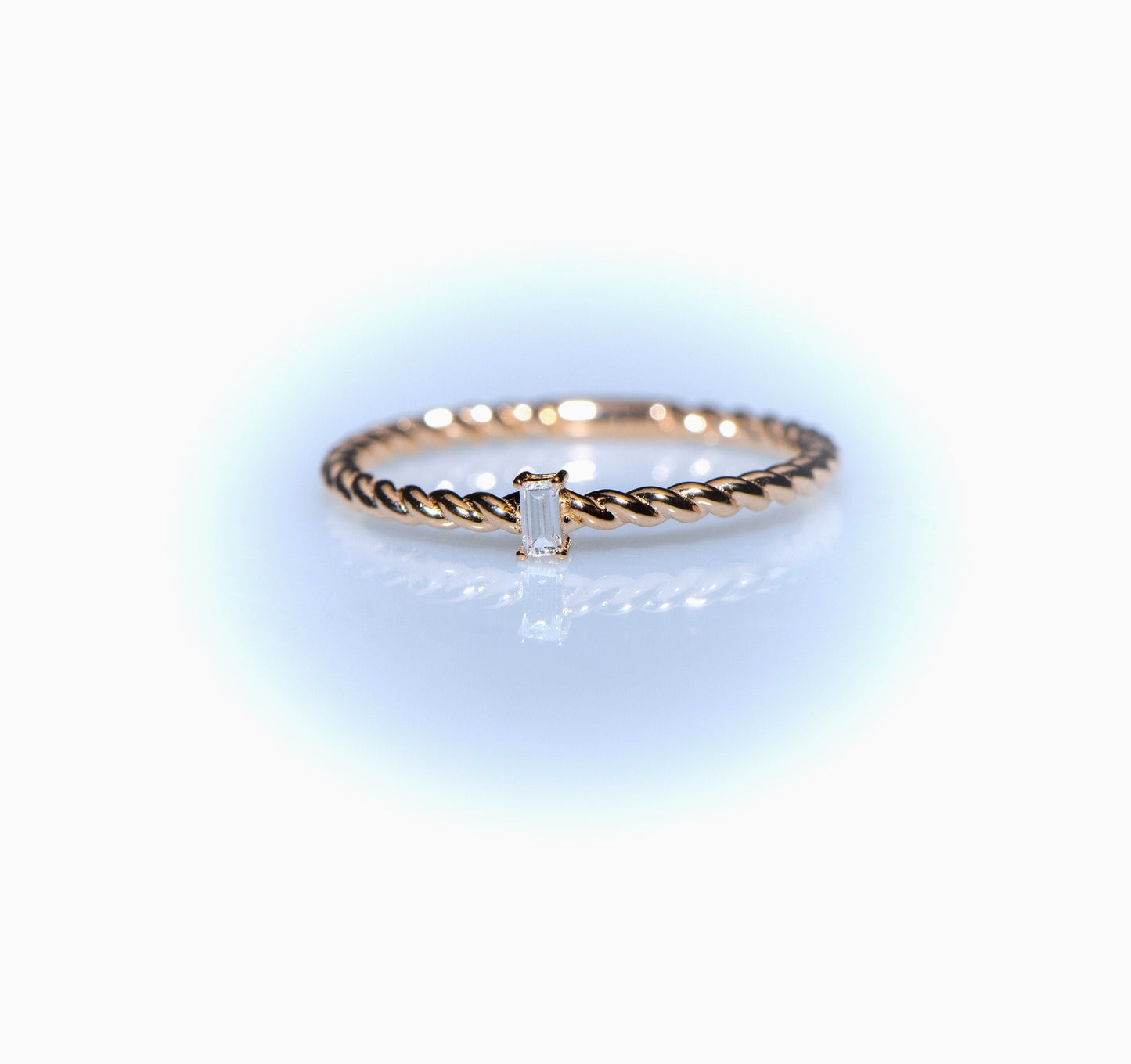 14k Gold Twisted Diamond Ring – Minimalist Baguette Cut Stackable Band for Everyday or Gift